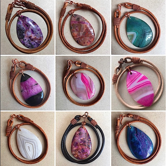 NEW Polished Agate Stone Pendant Copper Wire Wrap 16" Boho Choker Necklace - Picture 9 of 10
